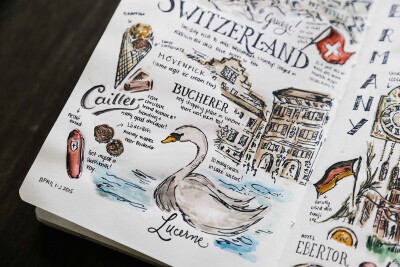 ©Abbey Sy 菲律宾的插画达人，这是她的欧洲旅行手帐系列，字体和插画都很有味道。