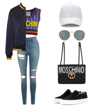 Moschino top、bag；Top Shop jeans；Ray Ban sunglasses；Chloé silp on sneakers