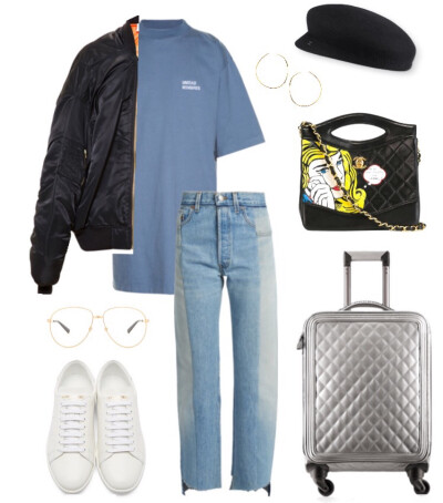 Clothes by Vetements、The laggage bag hat by Chanel、sneaker by Saint Laurent