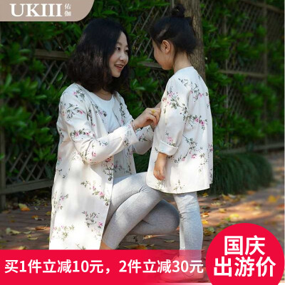 UKIII亲子装秋装2016薄款母女装韩版亚麻碎花开衫母女亲子外套