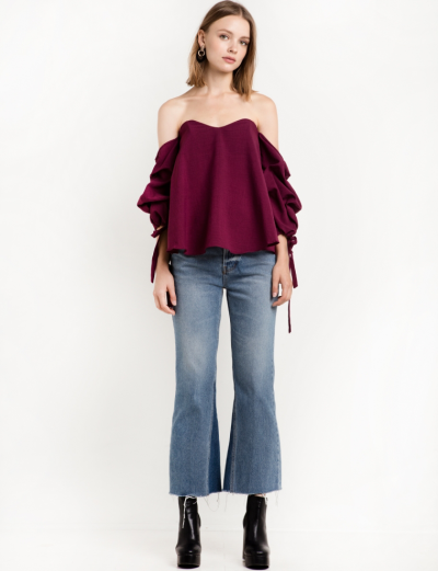 pixie market/PLUM RUCHED BALLOON SLEEVE OTS TOP
※Description: Plum off the shoulder top with ruched balloon sleeves. Zip back closure.
*98% polyester, 2% spandex
※$60.00