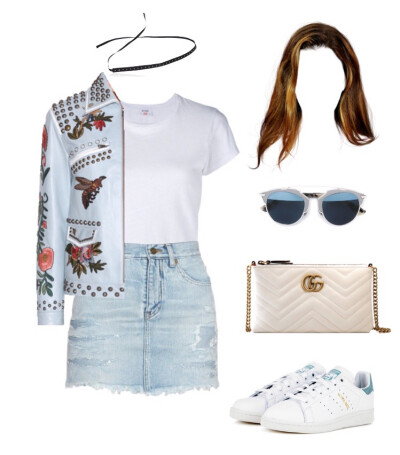 Gucci jacket bag、Saint Laurent skirt、Adidas sneaker、Dior sunglasses