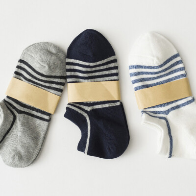 柏文家适 纯棉男士袜子船袜 全棉条纹运动短袜隐形袜男款均码