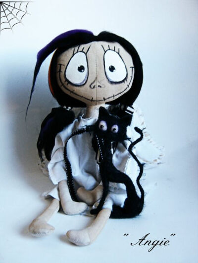 'Angelina' gothic textile doll and 'Bat' the black felted cat: