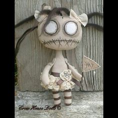 Hand Made Primitive Gothic Art Cloth Doll - Lil' Darkling Yay For Drear by Crow House Dolls