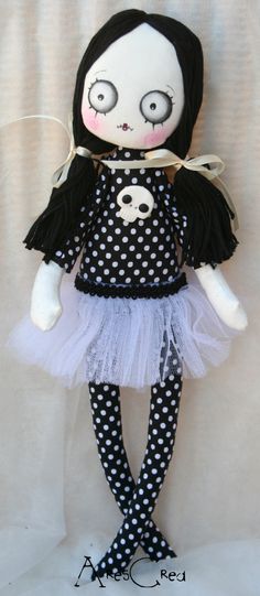 Varekina handmade spooky gothic / zombie art cloth doll with skull and ballerina tutu on Etsy, £31.77