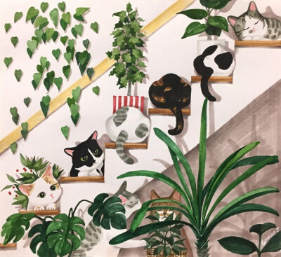 猫楼梯 ~ 画师GraceJ《猫的空间》系列插画