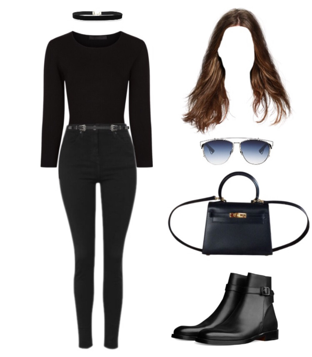 Alexander Wang top、Topshop jeans、Hermes bag，bootie、Dior sunglasses、Saint Laurent belt