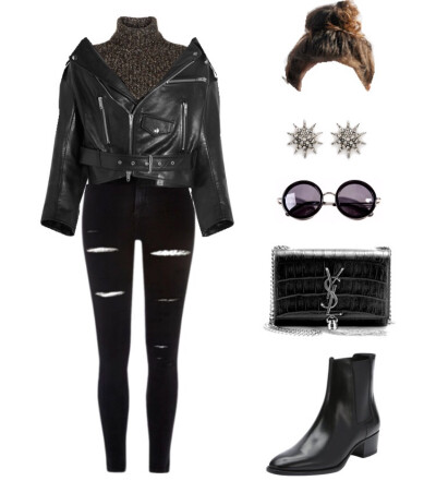 Balenciaga jacket、Isabel Marant polo sweater、River Island jeans、Saint Laurent boot，bag