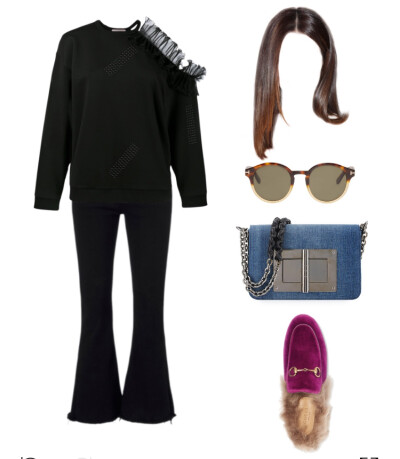 Christopher Kane sweatshirt、Ray&Bone jeans，Gucci silp，Tom Ford bag，sunglasses