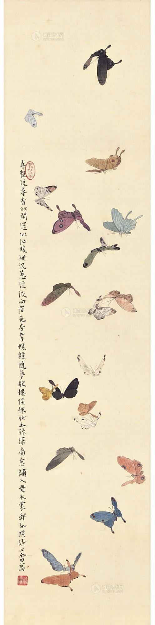 溥儒 花香蝶自来 105.5×27.8cm 设色绢本 立轴（参考图）
“结子桃花如雨落，挟雌蝴蝶过墙来。”（唐寅《落花诗》），此幅作品描绘的就是此番情景。香港蘇富比2013年秋季拍卖会同题材作品《溥儒 蝶舞翩翩》57.9X24.1cm，当时估价150,000-200,000港币，最终以3,160,000港币成交。