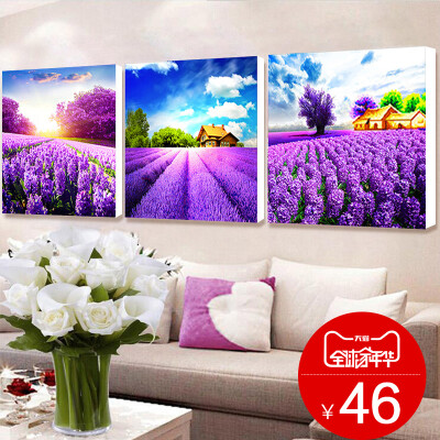 新款5D薰衣草钻石画满钻客厅风景三联画卧室点钻十字绣花卉贴钻画
