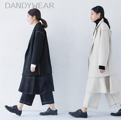 DANDYWEAR 雅痞风复古手工感明线设计 大翻领 宽松羊毛呢大衣外套