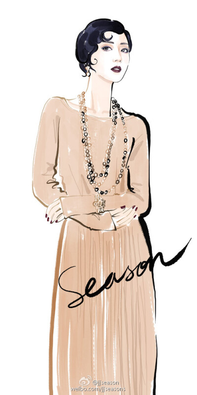 #jjseason插画##时尚##插画# ----- 文艺女神@桂纶镁 化身优雅的复古名伶，登上Vogue Taiwan 8月刊封面。O夏日美裙 | 典雅香槟色
