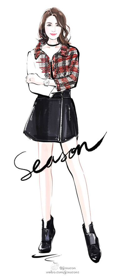 #jjseason插画##season时尚插画# ----- @刘诗诗 身穿@香奈儿CHANEL 2016秋冬系列格子图案短外套搭配黑色小皮裙，清新小摇滚出席CHANEL全新J12XS腕表发布派对。O温婉优雅刘诗诗