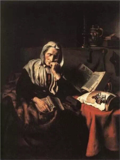 图为荷兰风俗画家Nicolaes Maes的风俗画Old Woman Dozing。沙漏里时光静静流淌，摊开的书页叙说着光阴的故事。老妇皱巴巴的右手放松地拿着眼镜，静脉清晰可辨；左手则托着腮安静地打盹，似有往事浮上心头。