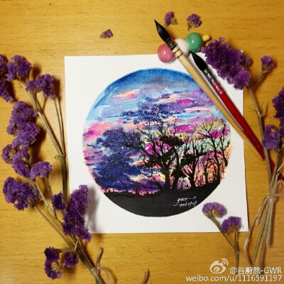 水彩星空风景#每日一画##每日一水彩# 彩色部分：吉祥颜彩 樱花固彩 黑色部分：纯黑马克笔 樱花针管笔