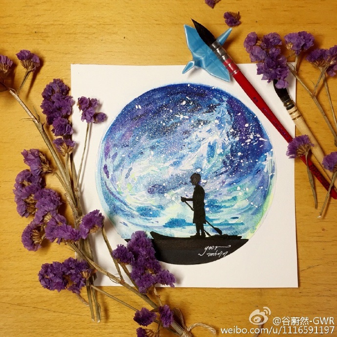 水彩星空风景#每日一画##每日一水彩# 彩色部分：吉祥颜彩 樱花固彩 黑色部分：纯黑马克笔 樱花针管笔