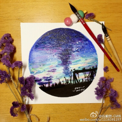 水彩星空风景#每日一画##每日一水彩# 彩色部分：吉祥颜彩 樱花固彩 黑色部分：纯黑马克笔 樱花针管笔