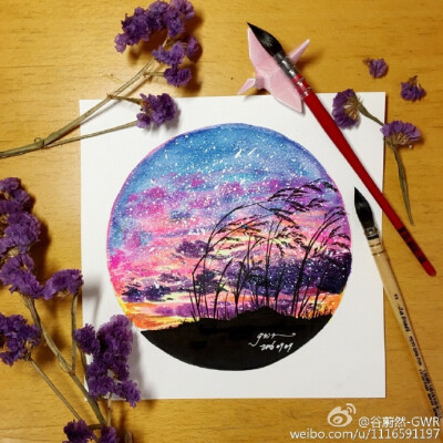 水彩星空风景#每日一画##每日一水彩# 彩色部分：吉祥颜彩 樱花固彩 黑色部分：纯黑马克笔 樱花针管笔