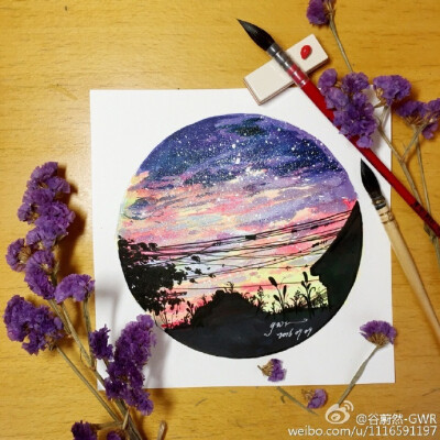 水彩星空风景#每日一画##每日一水彩# 彩色部分：吉祥颜彩 樱花固彩 黑色部分：纯黑马克笔 樱花针管笔