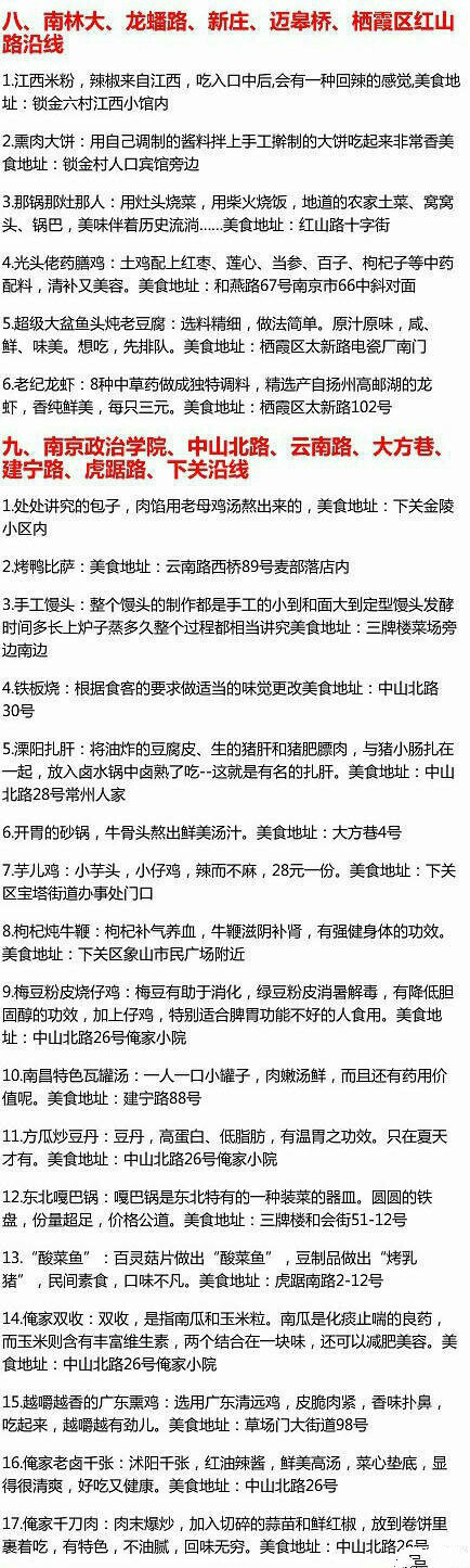 【史上最全南京美食攻略】来南京玩耍的童鞋，这个一定要收藏！1、新街口附近 2、夫子庙、长乐路、白下路、健康路、升洲路、太平北路 4、城南、中华门、雨花台 5、南大、南师、宁海路 6、东大、珠江路、1912街区附近...各大街区、各大路口美食全在这里啦！