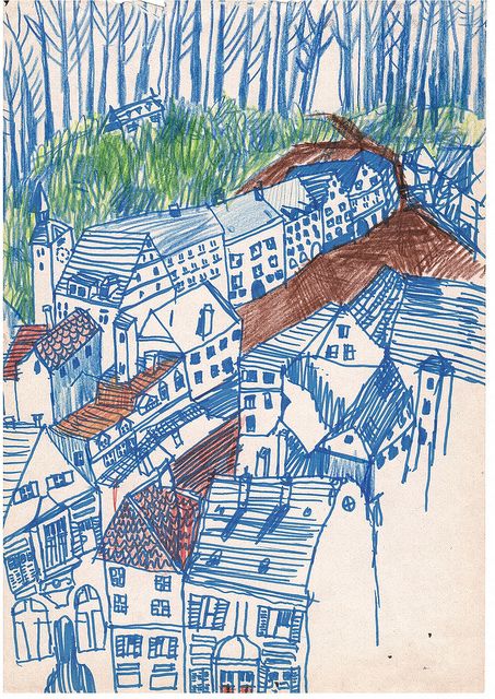 Emily Van Overstraeten + illustration + ilustração + blue + houses + woods + casas azuis na floresta: