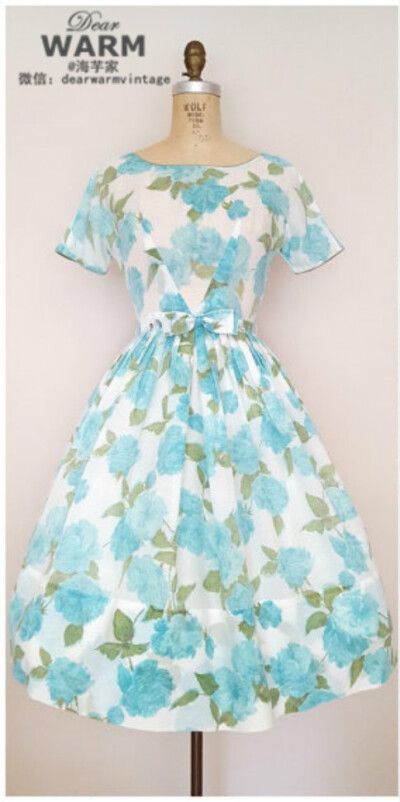 1950s 水蓝色花朵棉布古董连衣裙