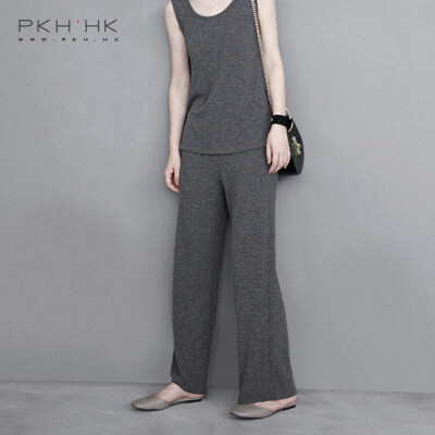 PKH.HK上夏季 时髦灰 实穿有范儿显瘦坑条针织阔腿裤套装