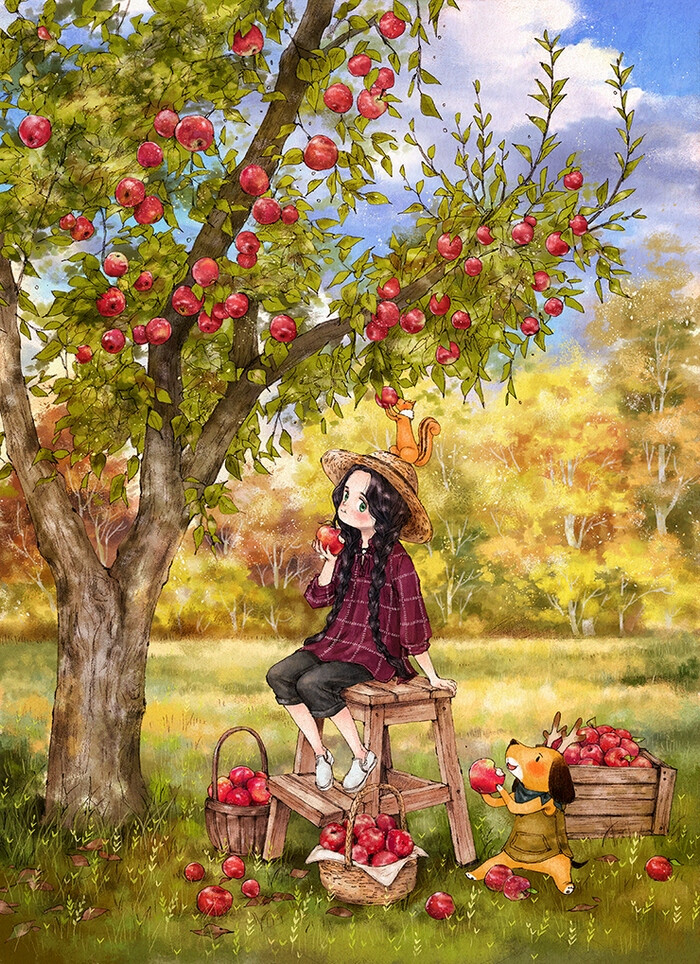 红红的苹果，收获的季节 ~ 来自韩国插画家Aeppol 的「森林女孩日记-2016」系列插画。