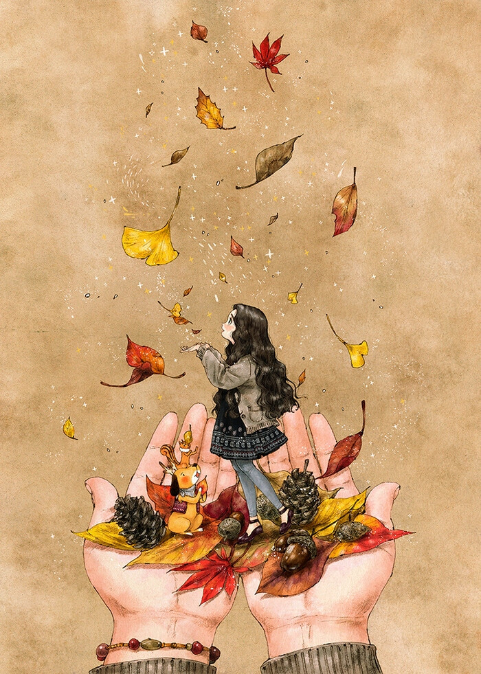 枫叶、橡子、松果…手上的秋天 ~ 来自韩国插画家Aeppol 的「森林女孩日记-2016」系列插画。
