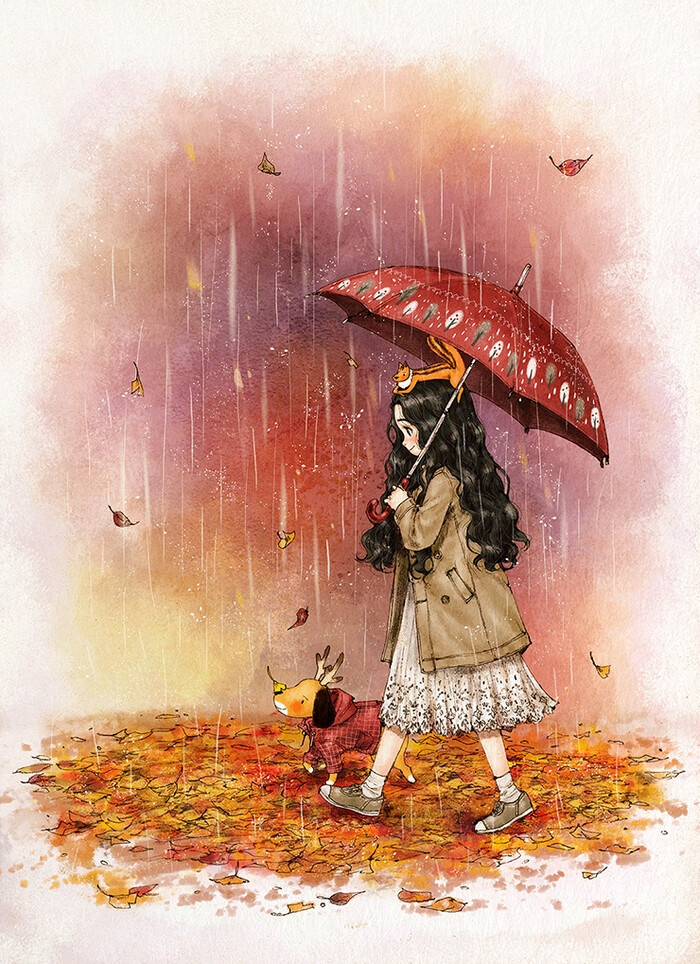 秋雨中美美的落叶来自韩国插画家aeppol的森林女孩日记2016系列插画