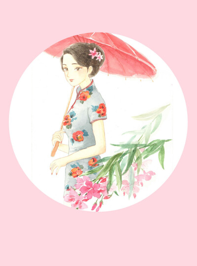 民国女子系列·白芍-桃金娘_水彩,民国风_涂鸦王国插画