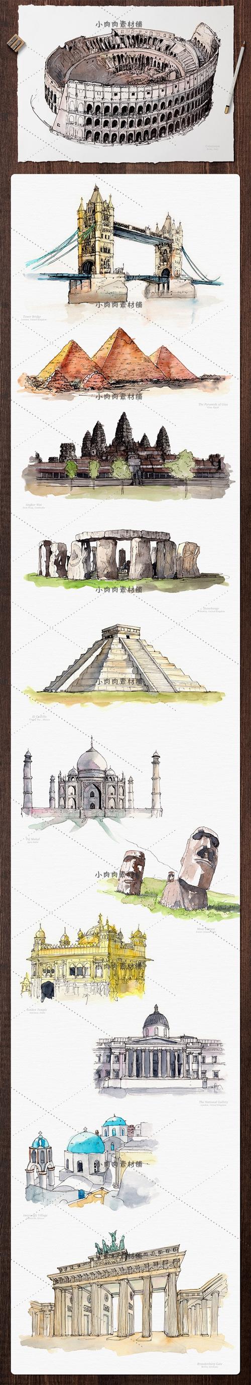 JPG高清图片世界著名建筑物手绘彩铅线稿彩喷装饰画设计素材jpg13