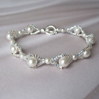 Woven bridal bracelet white Swarovski pearl silver seed bead: