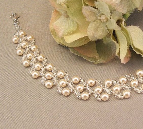 Cream Pearl and Crystal Bridal Bracelet Wedding Day by Handwired