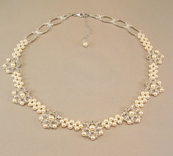 Regal Elegance Woven Bridal Necklace - Ivory Pearls and Clear Swarovski Austrian Crystal with silver accent beading