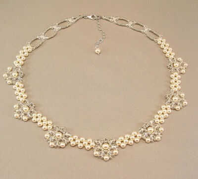 Regal Elegance Woven Bridal Necklace - Ivory Pearls and Clear Swarovski Austrian Crystal with silver accent beading