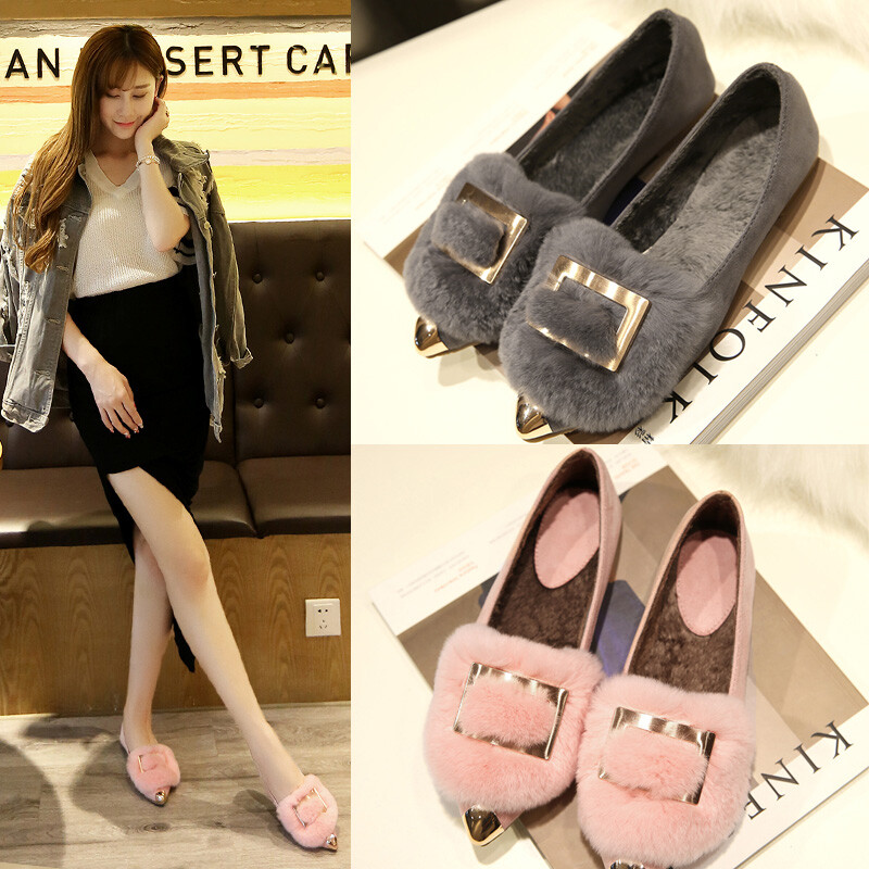 2016秋冬平底尖头浅口绒面真兔毛单鞋女加绒保暖平跟毛毛棉瓢女鞋