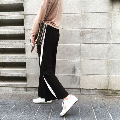于momo侧条纹撞色针织休闲运动裤女阔腿长裤子宽松春秋新款2016