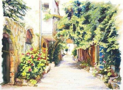 水彩画家Beni Gassenbauer笔下，明媚夏日里，幽静的欧洲小镇。