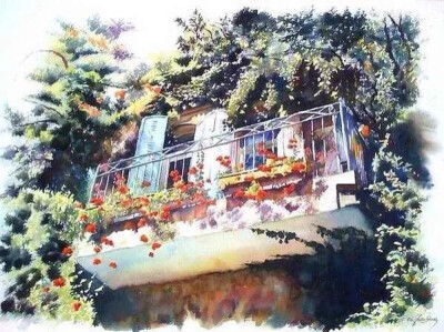 水彩画家Beni Gassenbauer笔下，明媚夏日里，幽静的欧洲小镇。