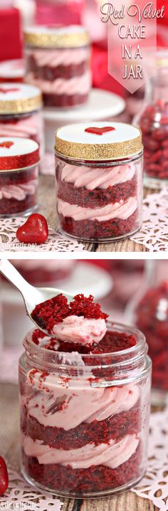 Red Velvet Cake In A Jar- the best way to enjoy cake! It's cute, portable, and delicious. This recipe gives red velvet cake a twist by using strawberry rose cream cheese! | From <a href="http://SugarH…