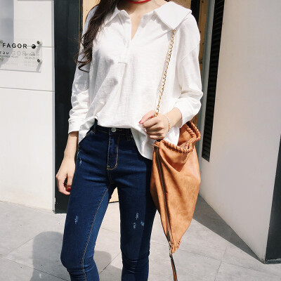ifashion2016秋季韩国MISSQ学生学院宽松纯色纯棉polo衫T恤上衣女