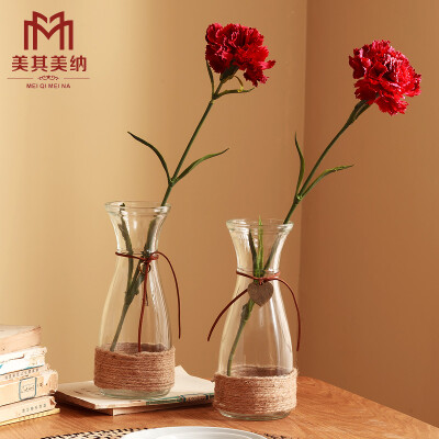简约风格玻璃透明花瓶 创意麻绳绑绳花瓶 爱心金属吊牌手工工艺