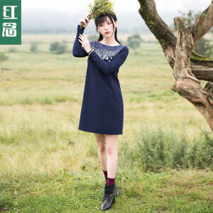 红念文艺刺绣连衣裙长袖 2016秋冬女装宽松短裙圆领打底裙子