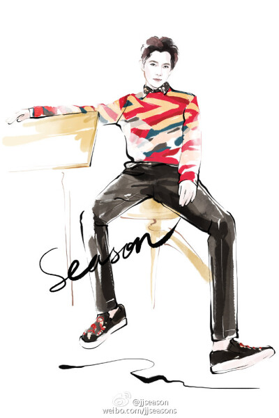 #jjseason插画##season明星插画# ----- 不想只是路过-- @杨洋icon 登上《精品购物指南》10月刊封面，身着彩色拼接毛衣自在休闲演绎内页秋日时尚大片。O花样少年杨洋