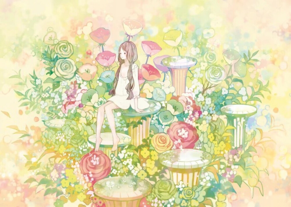 唯美梦幻双马尾少女小清新温馨治愈花叶萌二次元高清壁纸插画