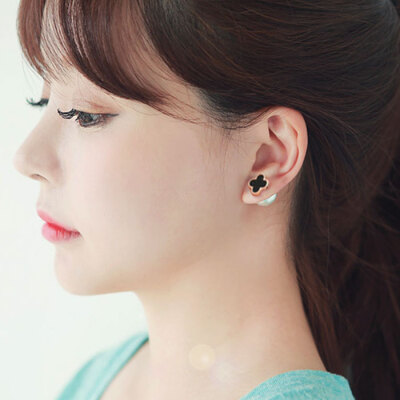 韩国气质925纯银黑色四叶草耳钉女 欧美时尚珍珠耳环耳饰饰品礼物
