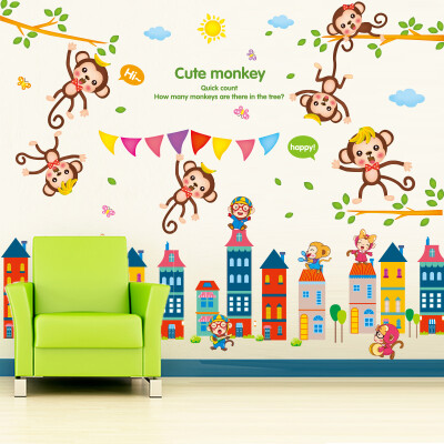 卡通可爱儿童房幼儿园装饰贴画装饰品墙纸卧室墙贴纸猴子城堡墙贴